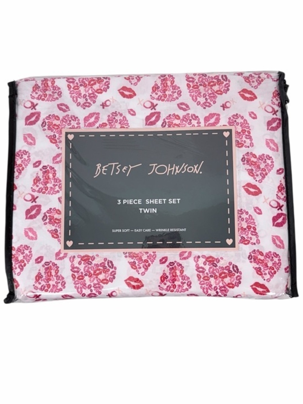 Betsey Johnson Twin Sheet Set Pink Lips Heart XO Print 3 Piece Bedding